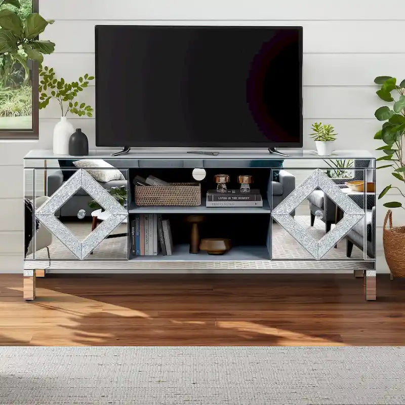 Meuble TV de 59 pouces avec portes miroir en losange et espace de rangement