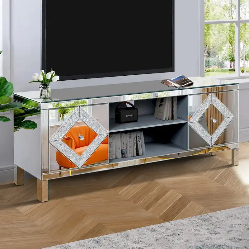 Meuble TV de 59 pouces avec portes miroir en losange et espace de rangement