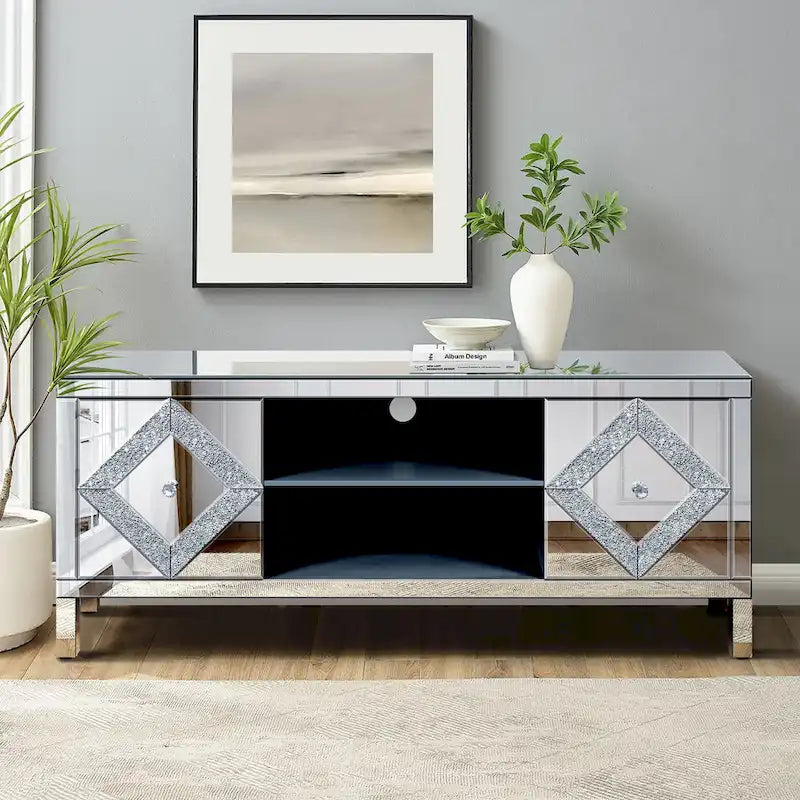 Meuble TV de 59 pouces avec portes miroir en losange et espace de rangement