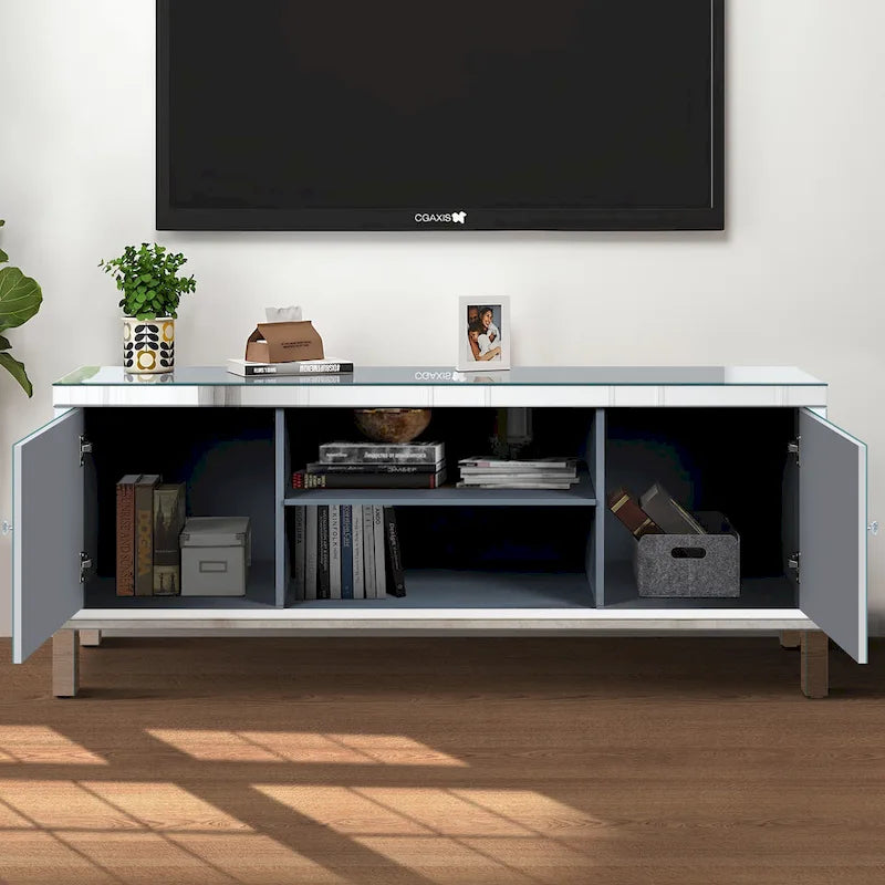 Meuble TV de 59 pouces avec portes miroir en losange et espace de rangement