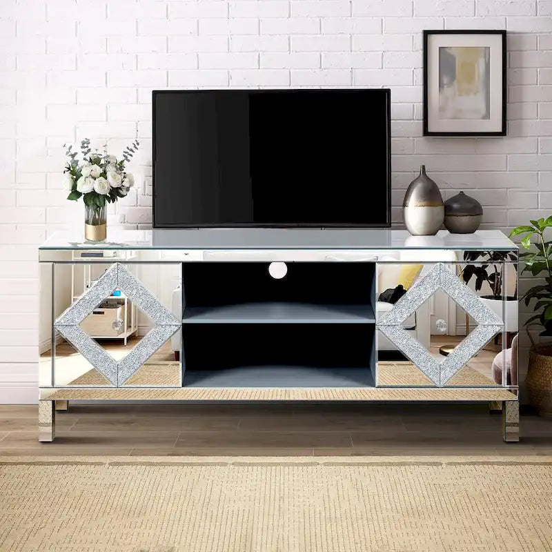Meuble TV de 59 pouces avec portes miroir en losange et espace de rangement