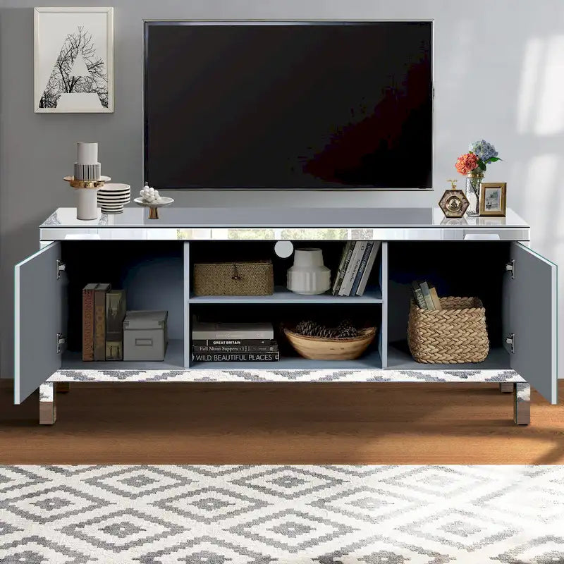 Meuble TV de 59 pouces avec portes miroir en losange et espace de rangement