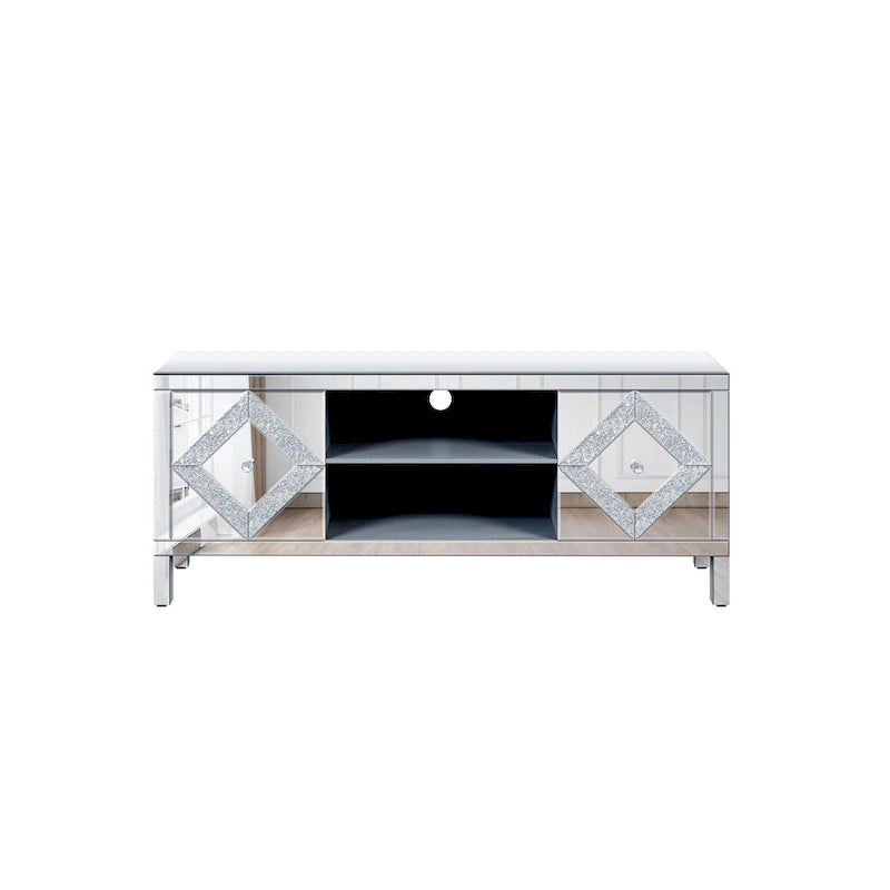Meuble TV de 59 pouces avec portes miroir en losange et espace de rangement