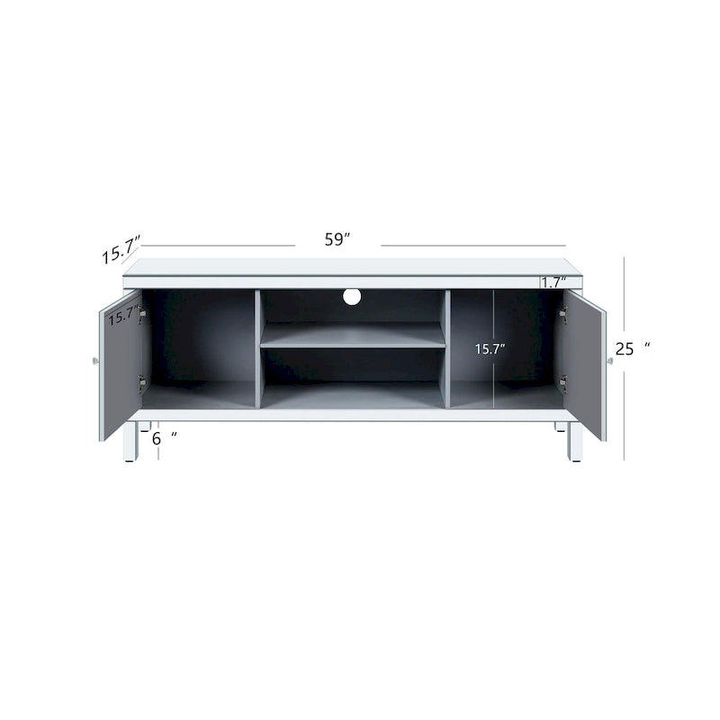 Meuble TV de 59 pouces avec portes miroir en losange et espace de rangement