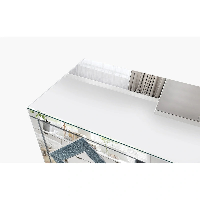Meuble TV de 59 pouces avec portes miroir en losange et espace de rangement
