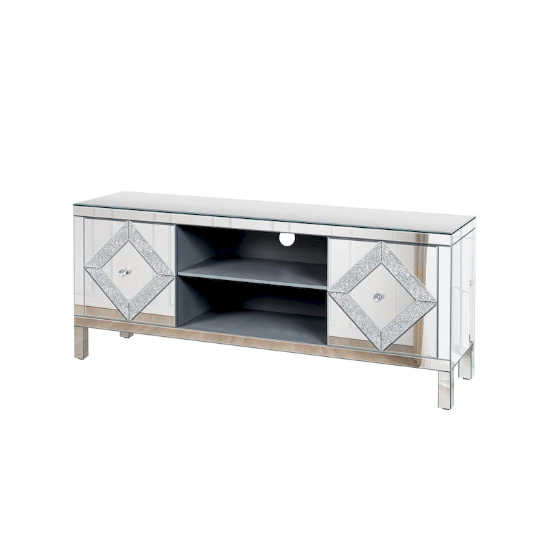 Meuble TV de 59 pouces avec portes miroir en losange et espace de rangement