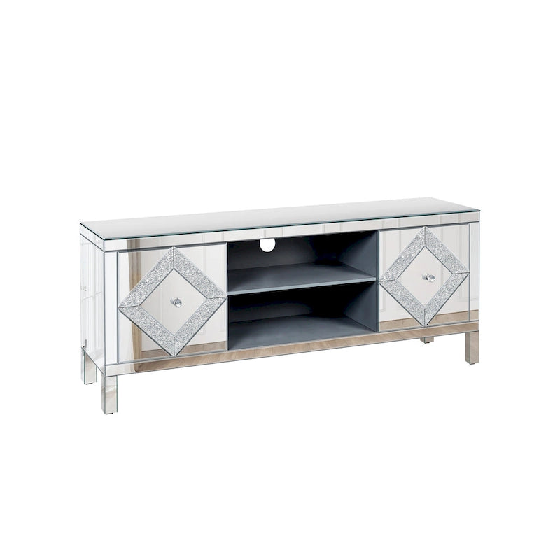 Meuble TV de 59 pouces avec portes miroir en losange et espace de rangement