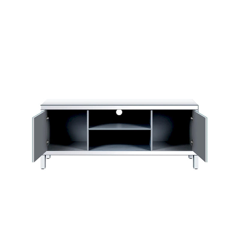 Meuble TV de 59 pouces avec portes miroir en losange et espace de rangement