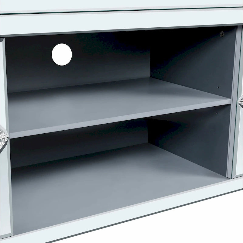 Meuble TV de 59 pouces avec portes miroir en losange et espace de rangement