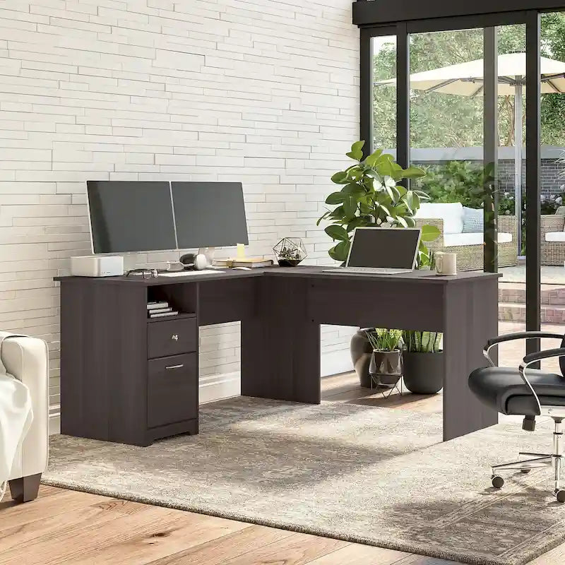 Bureau d'angle en L de 152 cm (avec étagères et tiroirs)