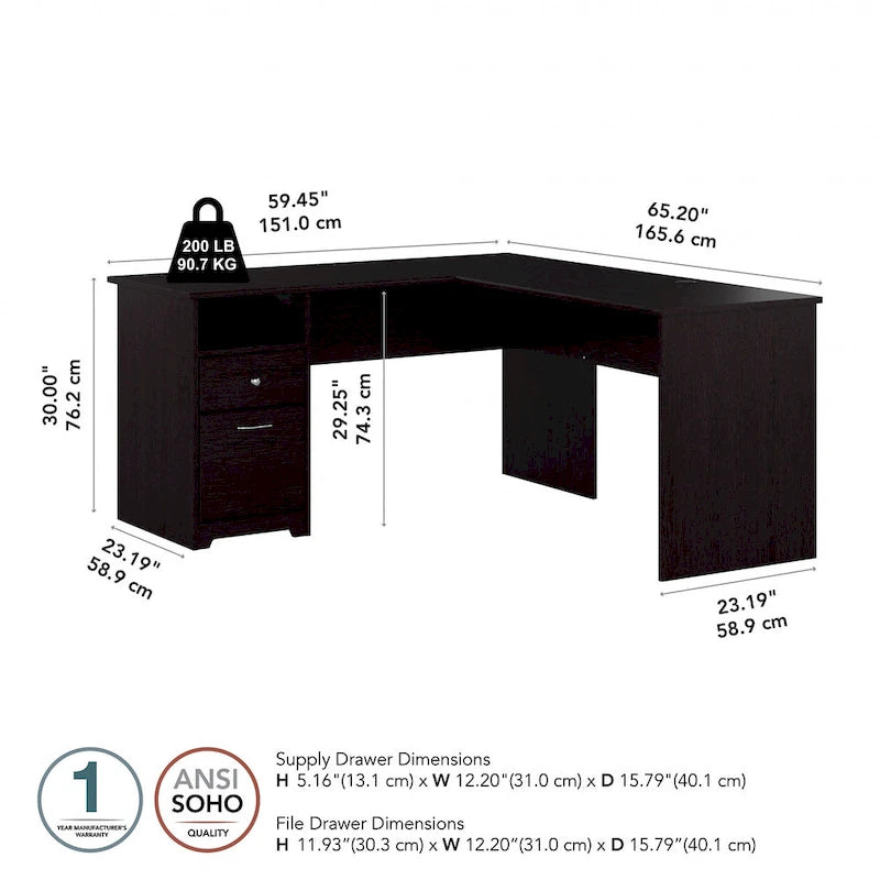 Bureau d'angle en L de 152 cm (avec étagères et tiroirs)