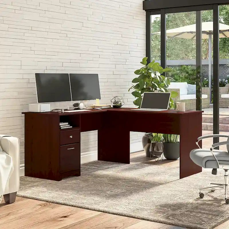 Bureau d'angle en L de 152 cm (avec étagères et tiroirs)