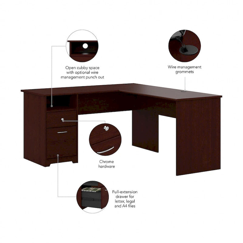 Bureau d'angle en L de 152 cm (avec étagères et tiroirs)
