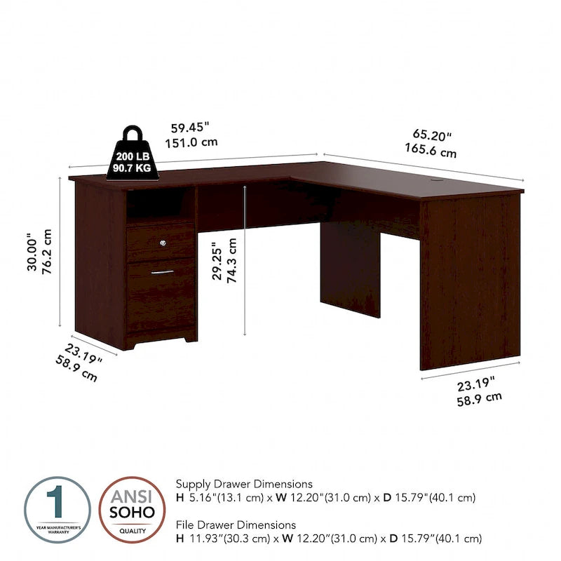 Bureau d'angle en L de 152 cm (avec étagères et tiroirs)