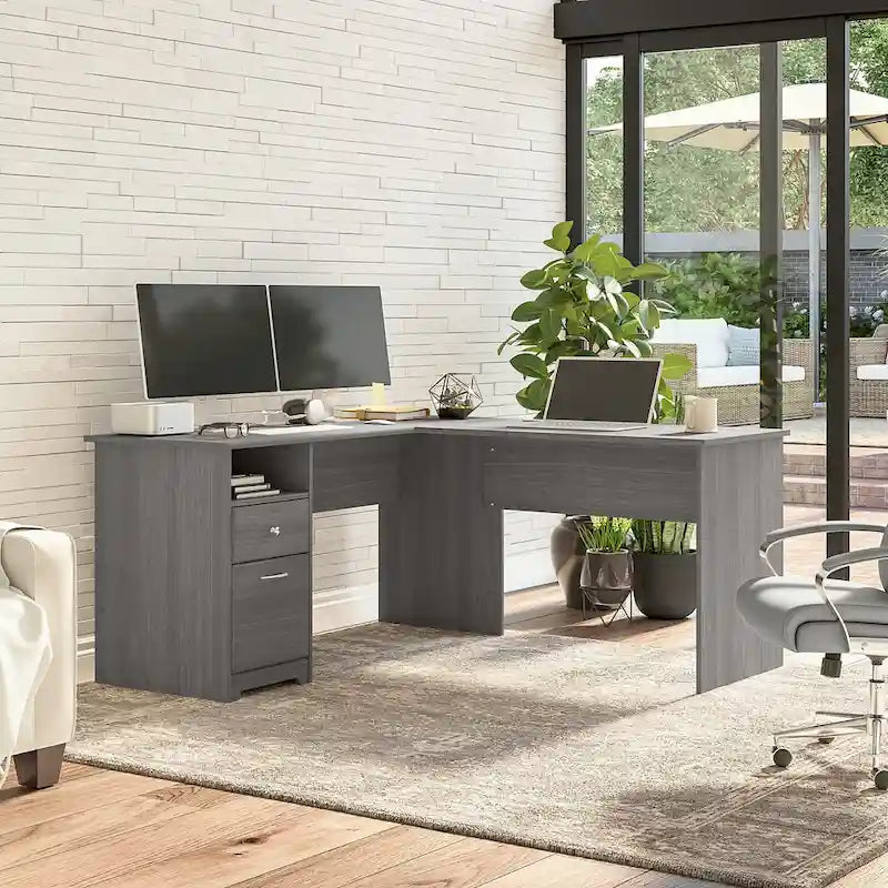 Bureau d'angle en L de 152 cm (avec étagères et tiroirs)