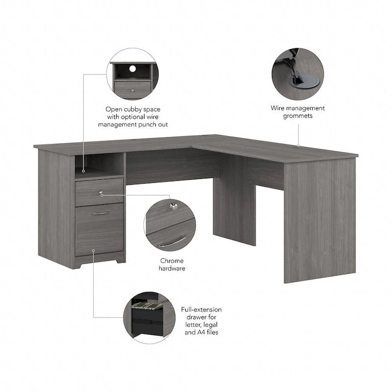 Bureau d'angle en L de 152 cm (avec étagères et tiroirs)