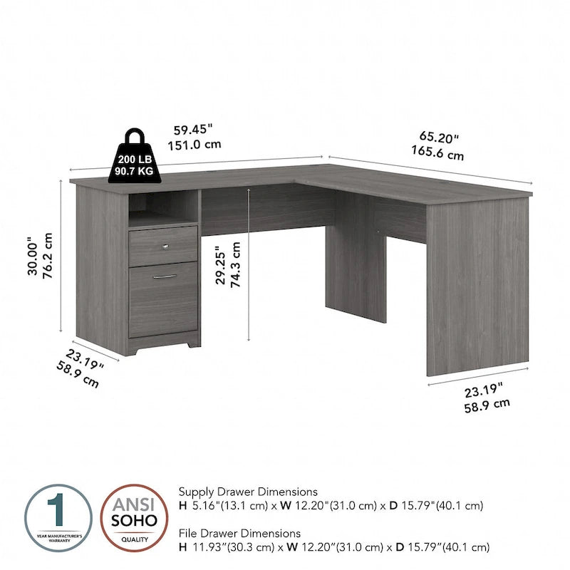 Bureau d'angle en L de 152 cm (avec étagères et tiroirs)