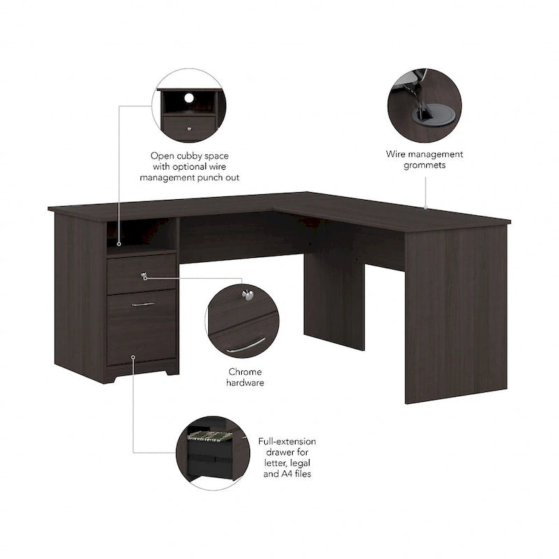 Bureau d'angle en L de 152 cm (avec étagères et tiroirs)