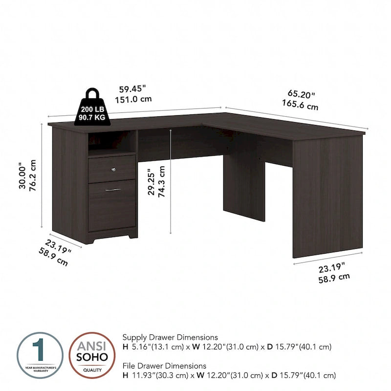 Bureau d'angle en L de 152 cm (avec étagères et tiroirs)