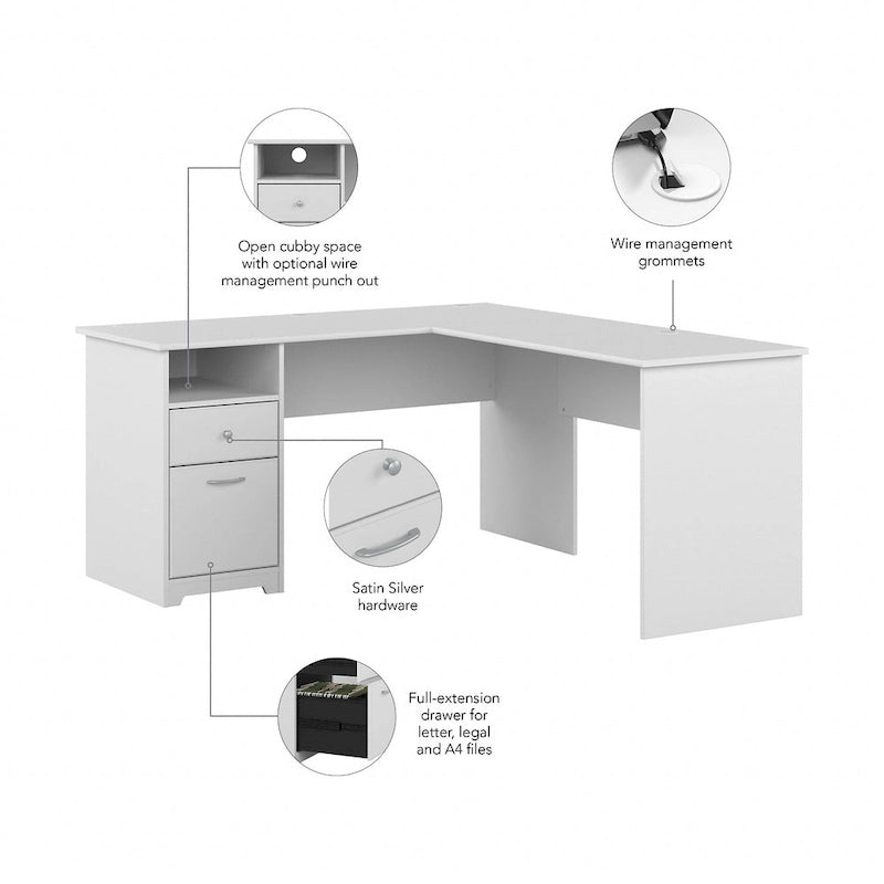 Bureau d'angle en L de 152 cm (avec étagères et tiroirs)