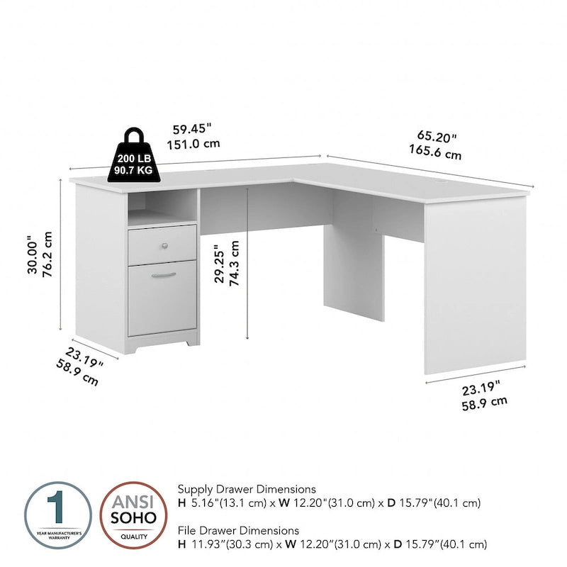 Bureau d'angle en L de 152 cm (avec étagères et tiroirs)