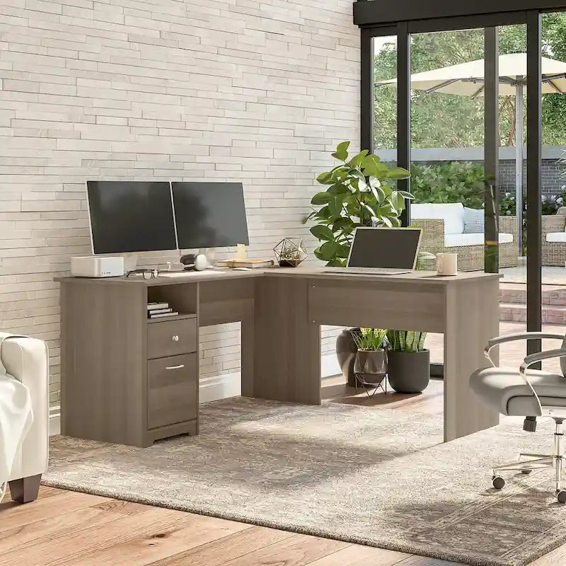 Bureau d'angle en L de 152 cm (avec étagères et tiroirs)