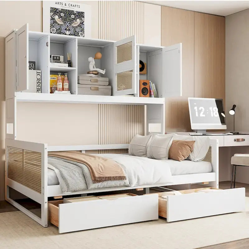 Modern Full Size Wood Daybed Storage Platform Bed Frame with All-in-One Cabinet, 2 Drawers and Shelf