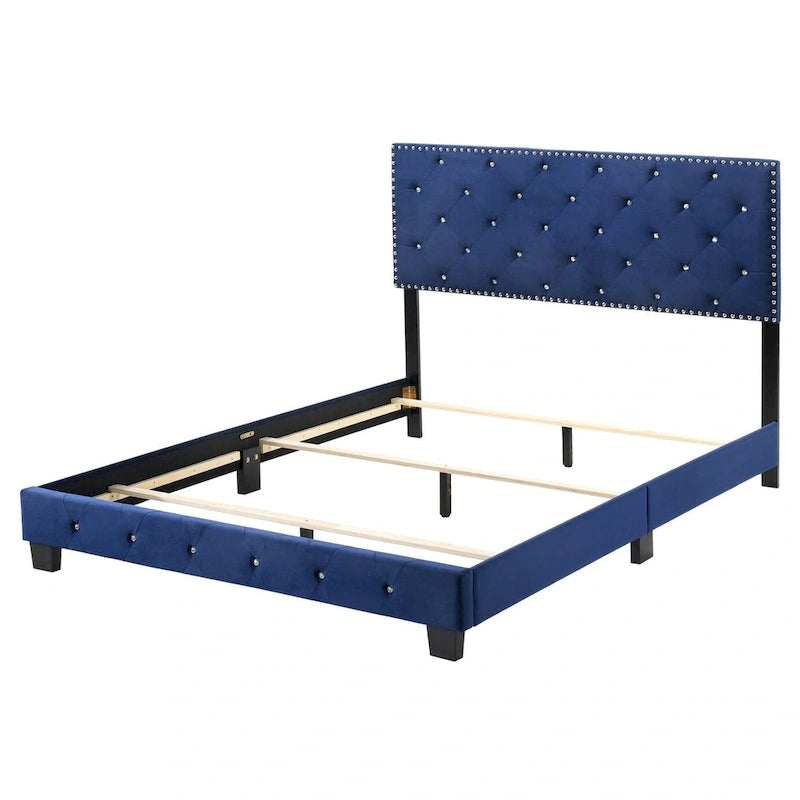 Lit capitonné en velours et similicuir avec bijoux intégrés – Grand lit (Panel Bed)