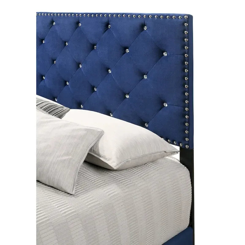Lit capitonné en velours et similicuir avec bijoux intégrés – Grand lit (Panel Bed)