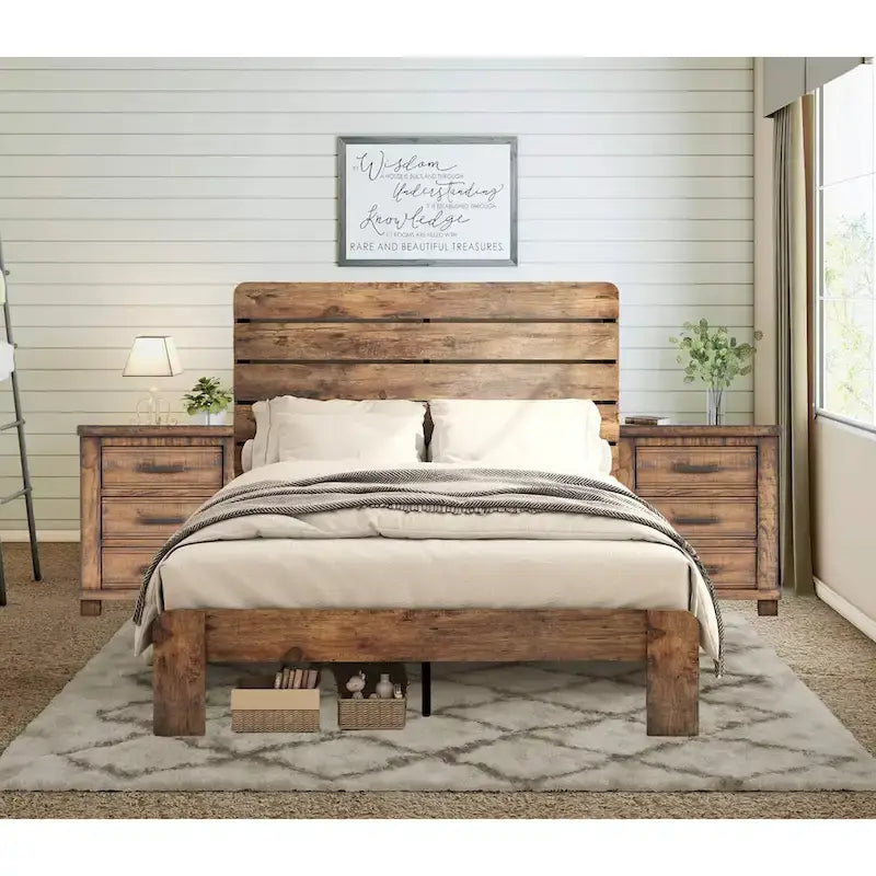 Ensemble de 3 meubles de chambre à coucher – Lit plateforme en bois avec tête de lit et 2 tables de chevet en bois massif à trois tiroirs