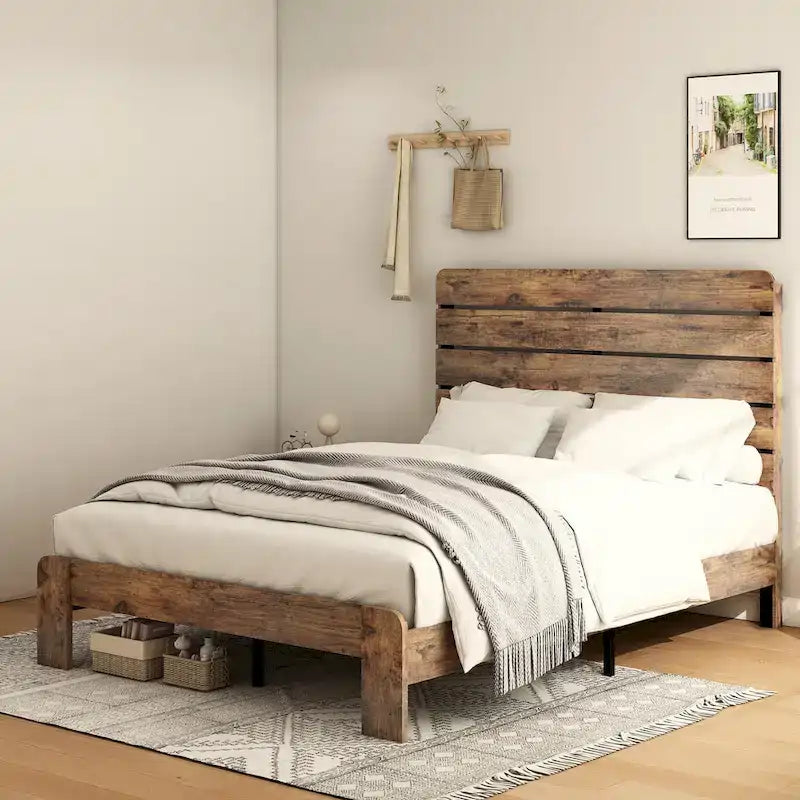 Ensemble de 3 meubles de chambre à coucher – Lit plateforme en bois avec tête de lit et 2 tables de chevet en bois massif à trois tiroirs
