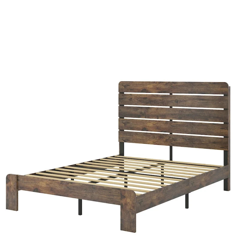 Ensemble de 3 meubles de chambre à coucher – Lit plateforme en bois avec tête de lit et 2 tables de chevet en bois massif à trois tiroirs