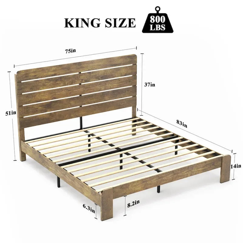Ensemble de 3 meubles de chambre à coucher – Lit plateforme en bois avec tête de lit et 2 tables de chevet en bois massif à trois tiroirs