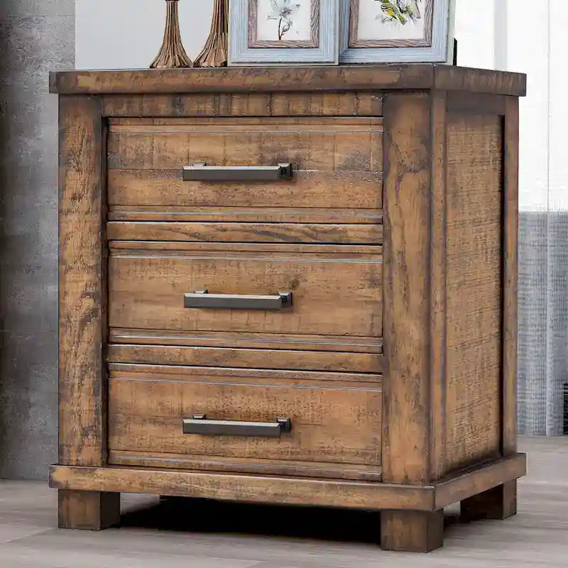 Ensemble de 3 meubles de chambre à coucher – Lit plateforme en bois avec tête de lit et 2 tables de chevet en bois massif à trois tiroirs