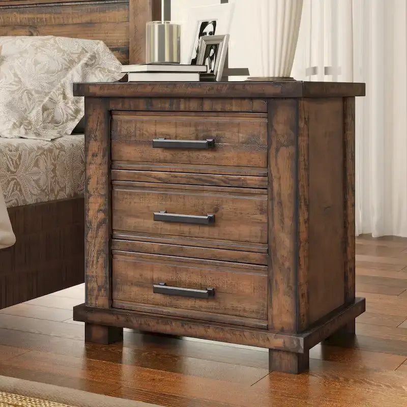 Ensemble de 3 meubles de chambre à coucher – Lit plateforme en bois avec tête de lit et 2 tables de chevet en bois massif à trois tiroirs