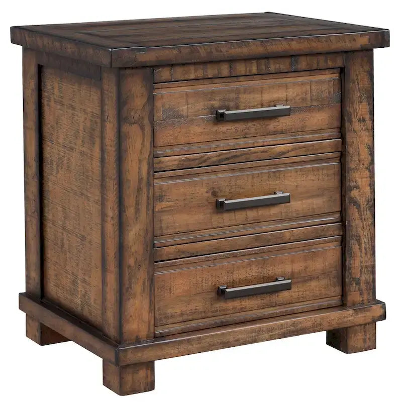Ensemble de 3 meubles de chambre à coucher – Lit plateforme en bois avec tête de lit et 2 tables de chevet en bois massif à trois tiroirs