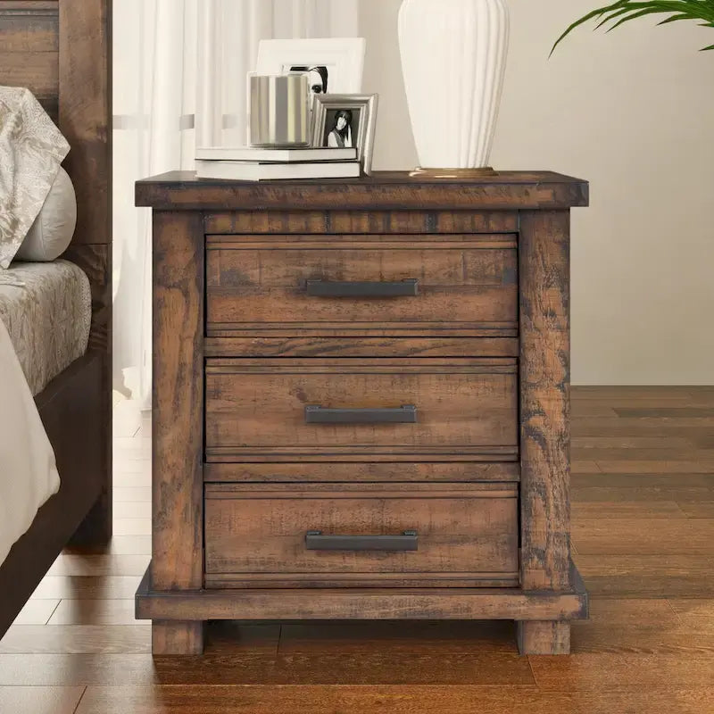 Ensemble de 3 meubles de chambre à coucher – Lit plateforme en bois avec tête de lit et 2 tables de chevet en bois massif à trois tiroirs