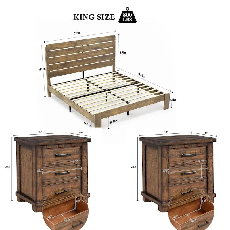 Ensemble de 3 meubles de chambre à coucher – Lit plateforme en bois avec tête de lit et 2 tables de chevet en bois massif à trois tiroirs