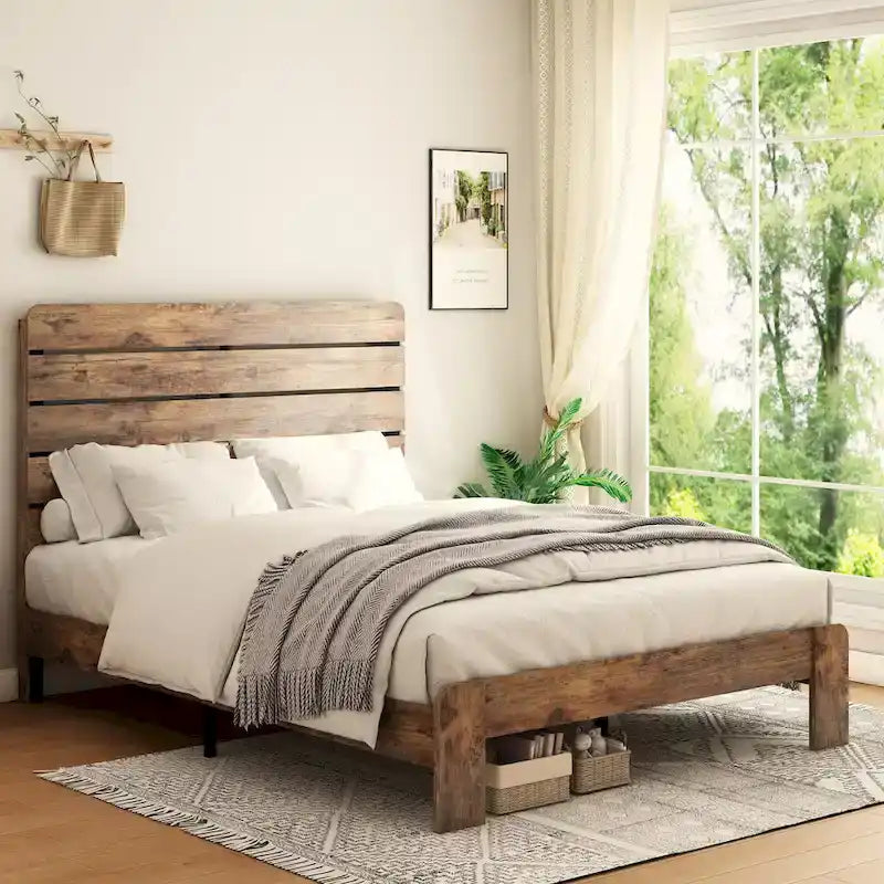 Ensemble de 3 meubles de chambre à coucher – Lit plateforme en bois avec tête de lit et 2 tables de chevet en bois massif à trois tiroirs