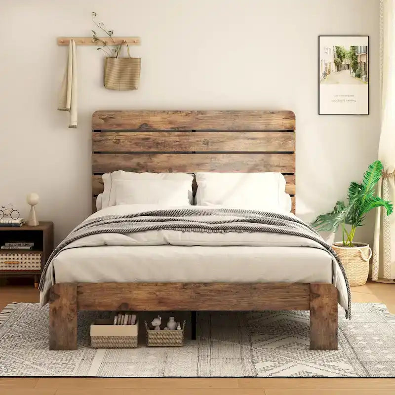 Ensemble de 3 meubles de chambre à coucher – Lit plateforme en bois avec tête de lit et 2 tables de chevet en bois massif à trois tiroirs