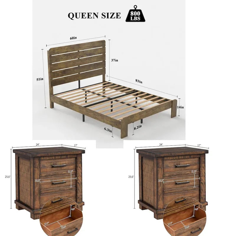 Ensemble de 3 meubles de chambre à coucher – Lit plateforme en bois avec tête de lit et 2 tables de chevet en bois massif à trois tiroirs