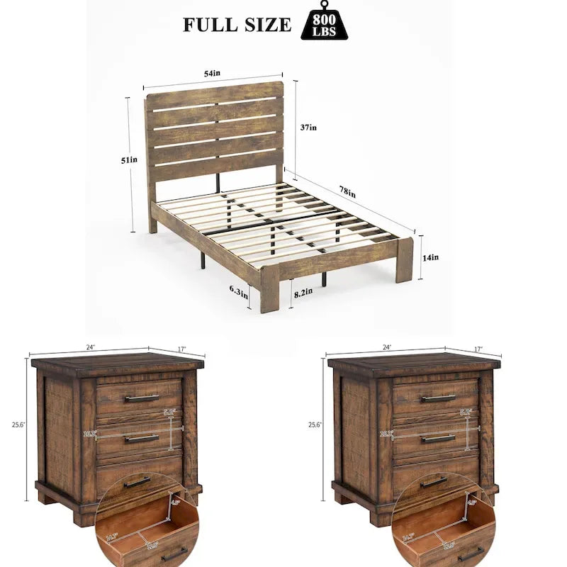 Ensemble de 3 meubles de chambre à coucher – Lit plateforme en bois avec tête de lit et 2 tables de chevet en bois massif à trois tiroirs