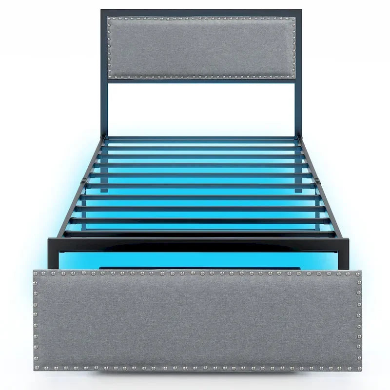 Gymax Twin Size Bed Frame w/ Storage Drawer Metal Platform Bed w/ LED