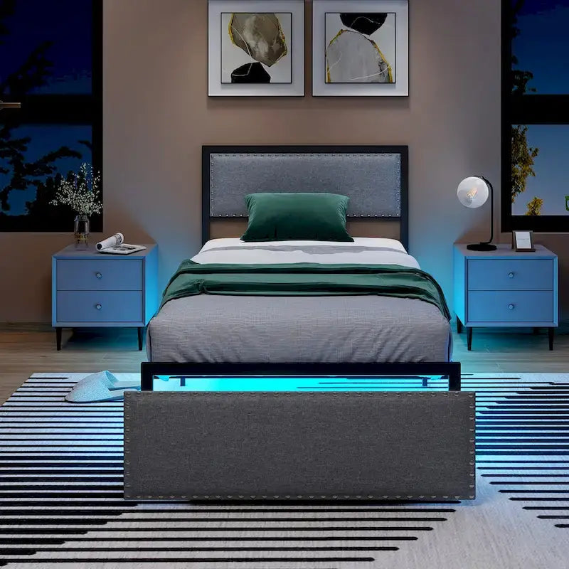 Cadre de lit double avec tiroirs de rangement, lit plateforme en métal avec lumières LED