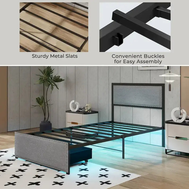 Cadre de lit double avec tiroirs de rangement, lit plateforme en métal avec lumières LED