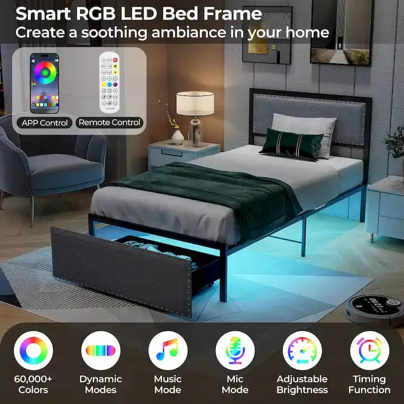 Cadre de lit double avec tiroirs de rangement, lit plateforme en métal avec lumières LED