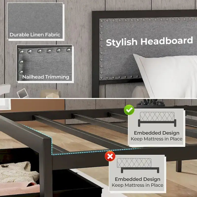 Cadre de lit double avec tiroirs de rangement, lit plateforme en métal avec lumières LED