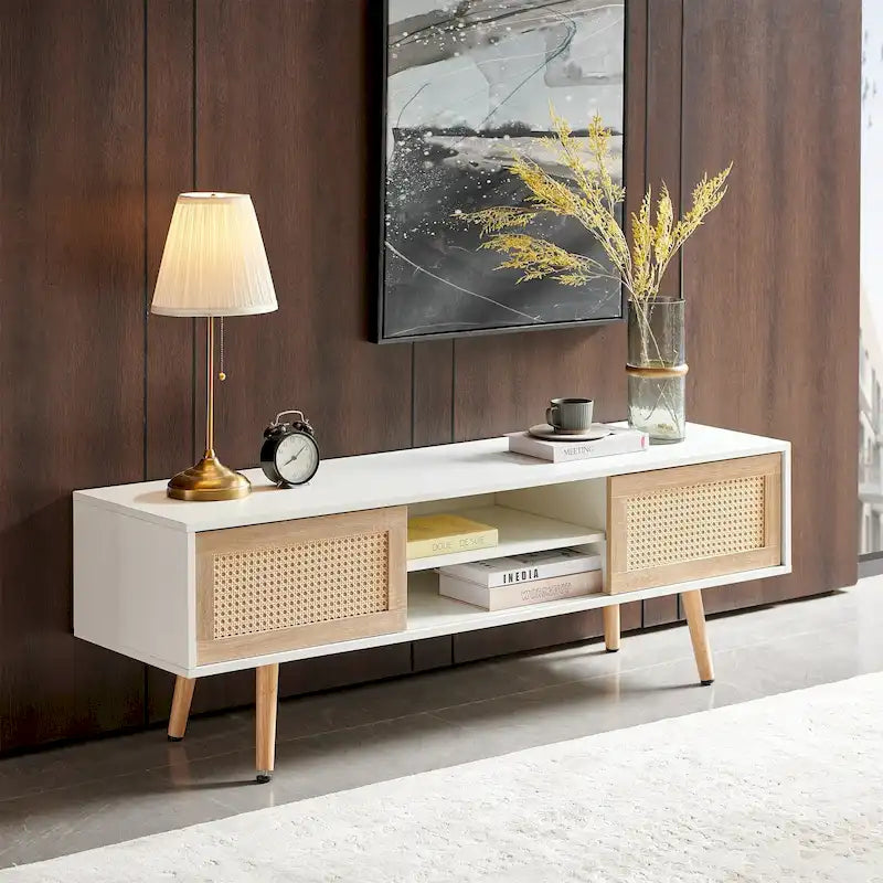 Meuble TV de 140 cm avec double portes coulissantes, pieds en bois massif et étagères réglables