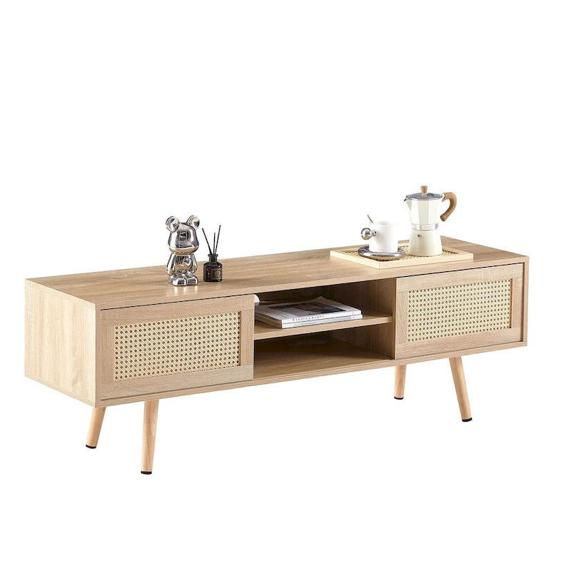 Meuble TV de 140 cm avec double portes coulissantes, pieds en bois massif et étagères réglables