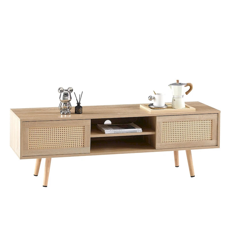 Meuble TV de 140 cm avec double portes coulissantes, pieds en bois massif et étagères réglables